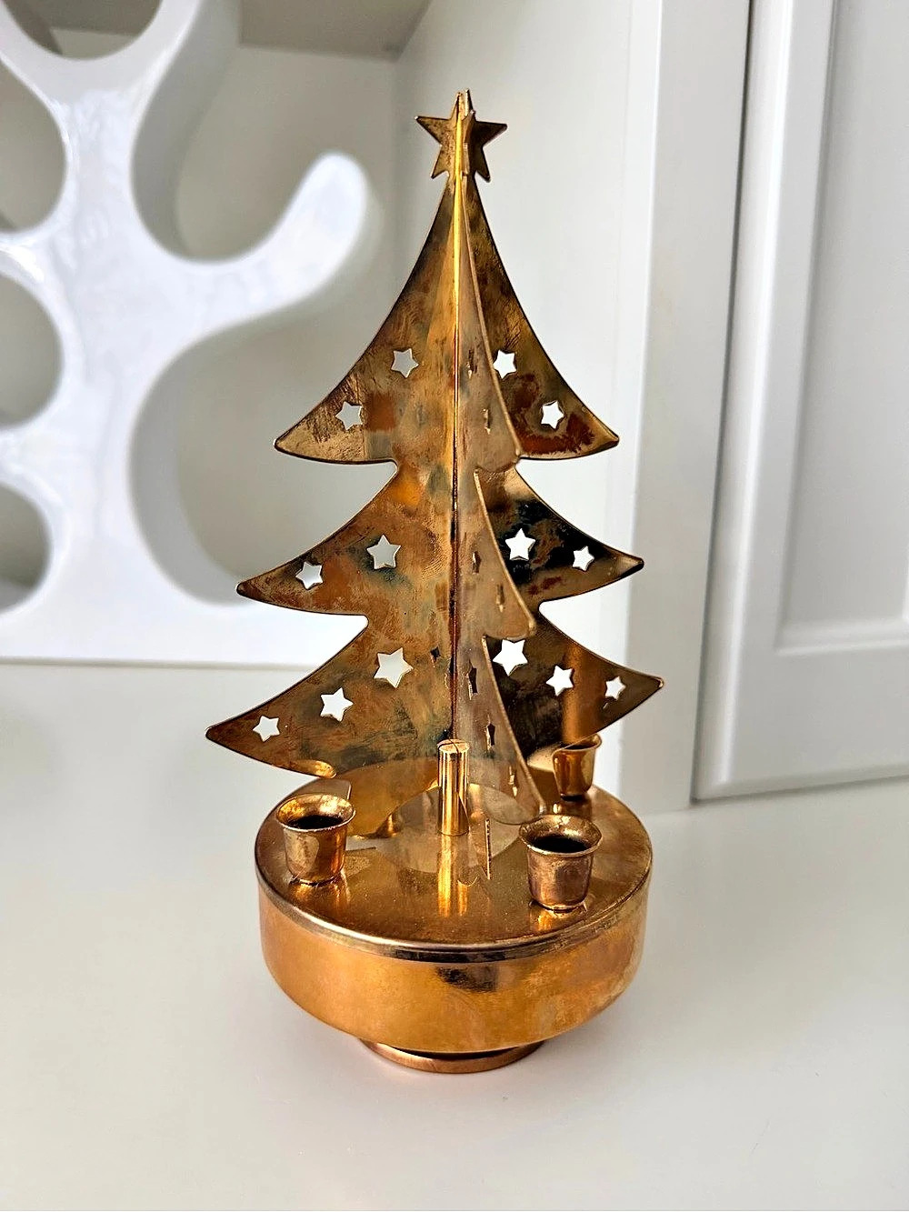 Vintage Gold Metal Brass Christmas Tree Candle Holder musical revolving carousel
